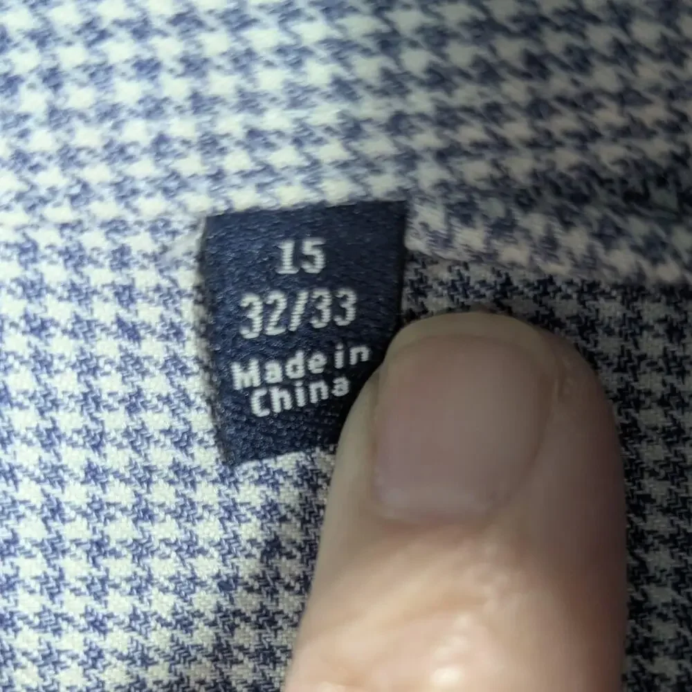 The Tie Bar Shirt Mens 15 32/33 Blue White Trim Fit Houndstooth Button Up Preppy